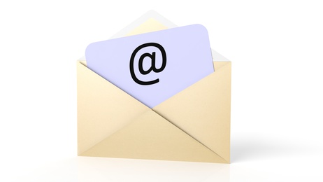 Open yellow envelope with email symbol, isolated on white.